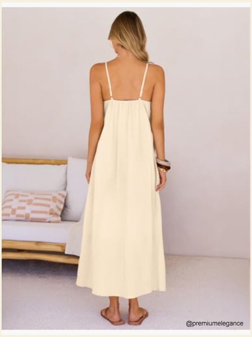 Linen Blend Maxi Sundress with Spaghetti Straps, Side Pockets, Size Small - Picture 5 of 7
